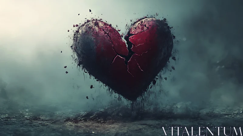 Shattered crimson heart hovering in stormy dreamlike gloom.
