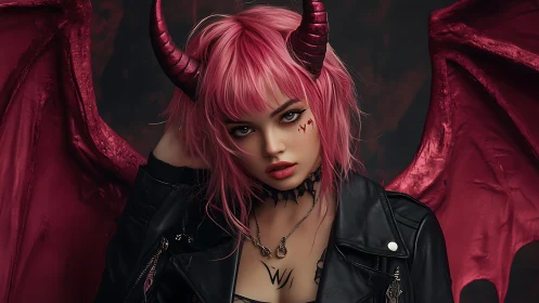 Pink demon punk portrait with leather and crimson wings.