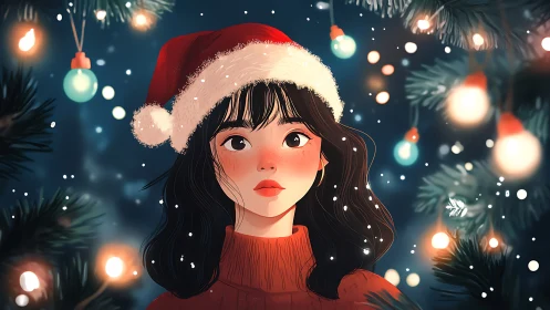 Snowlit girl in red Santa hat amid glowing fir lights.