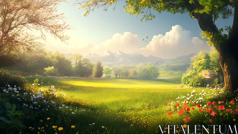 Sunlit wildflower meadow opening toward calm mountain views.