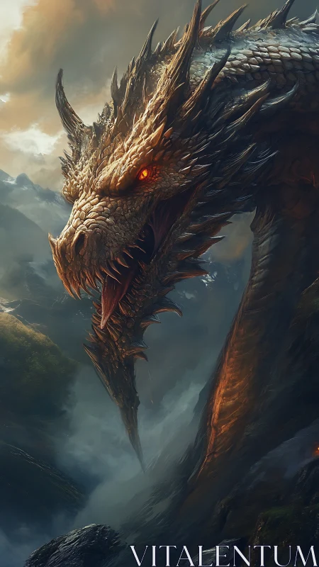 Fierce mountain dragon leans close with burning curious eyes