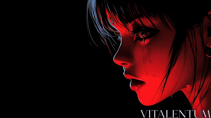 Red neon tears trace a lone anime girl&rsquo;s sorrow in darkness