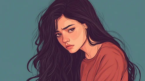 Melancholic girl in soft teal space gazes with quiet doubt.