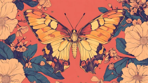 Golden butterfly spreads vibrant wings amid coral florals