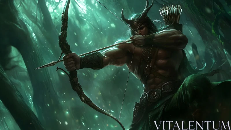 Forest archer poised in emerald light, ready to protect.