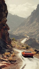 Orange classic car drives along narrow winding desert road