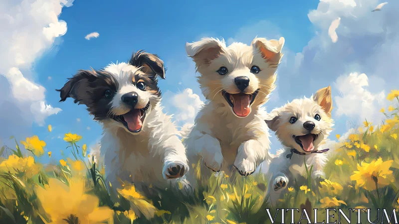 Energetic puppies rendered in high-saturation digital brushwork