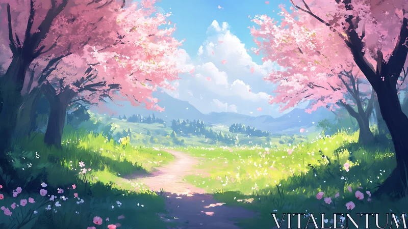 Pathway through cherry trees in stylized spring landscape.