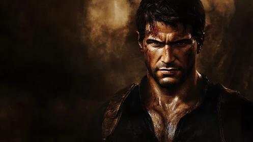 Battle-worn male adventurer rendered in dramatic light.