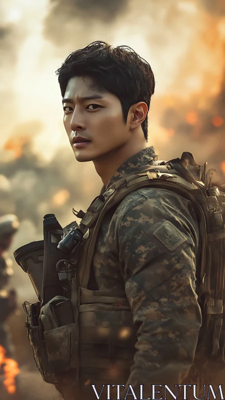 Soldier in tactical gear amid smoke and scattered flames.