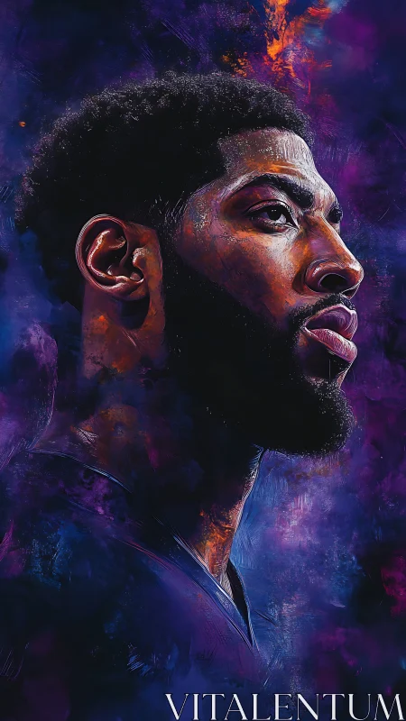 Vivid profile portrait in saturated violet and orange clouds.