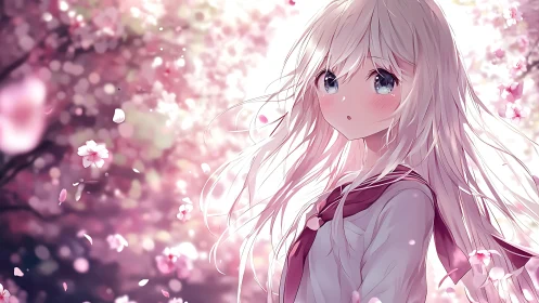 Anime spring portrait with cherry blossom bokeh composition.