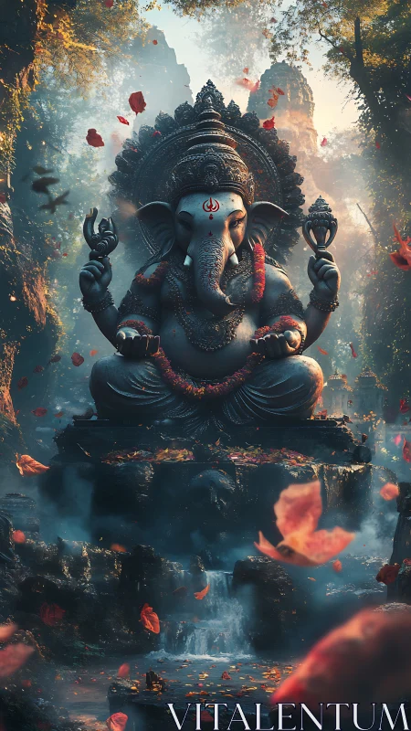 Granite Ganesha monument amid volumetric jungle atmosphere.