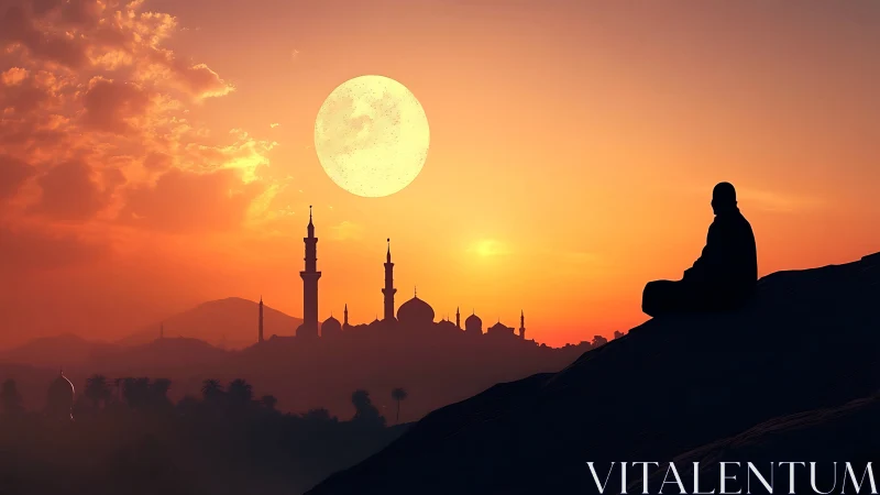 Silhouette of seated figure above mosque skyline at sunset