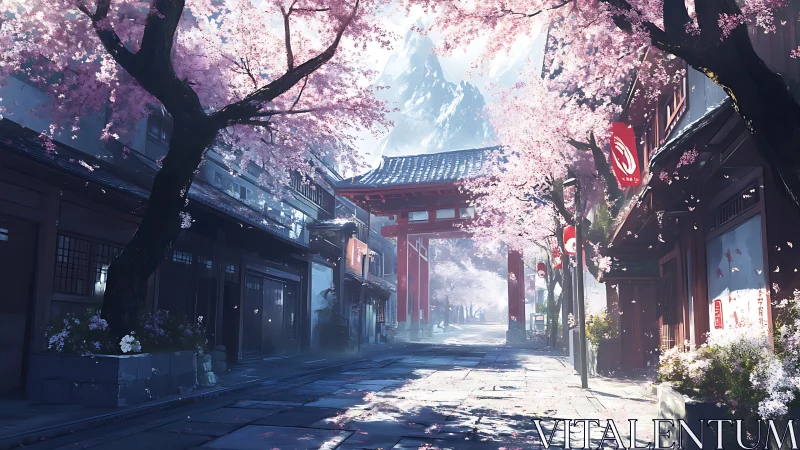 Cherry blossom gateway street under morning mountain hush.