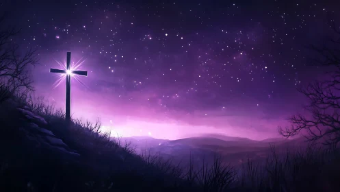 Luminous cross on twilight hillside under star-dense violet sky