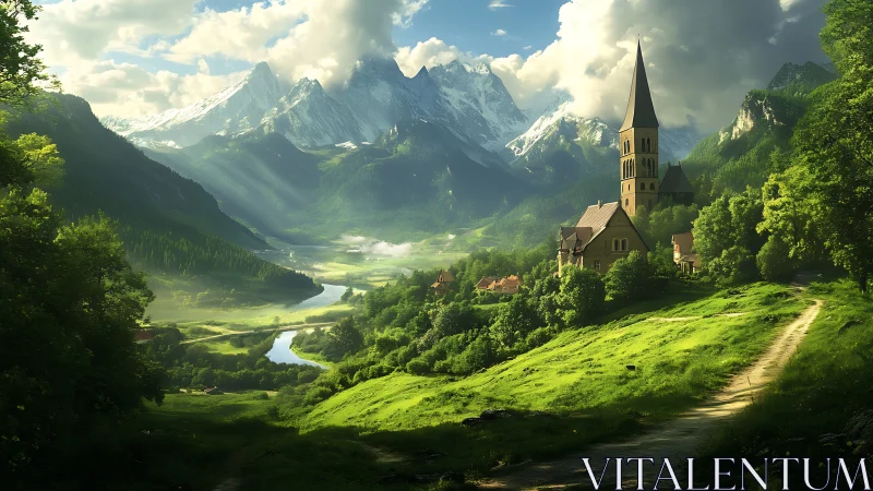 Mountain village valley with church and river at sunrise.