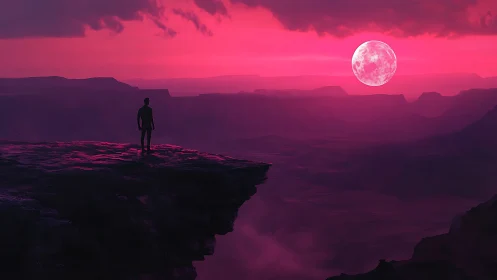 Solitary figure overlooks crimson canyon under rising moon
