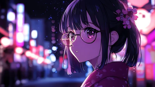 Anime girl in yukata with bokeh nightlife neon illumination