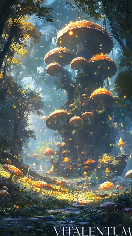 Firefly-crowned mushroom citadel glowing in enchanted dusk.