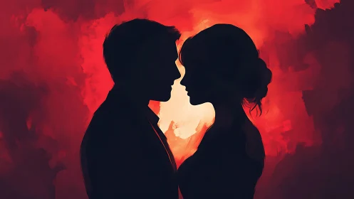 Two silhouettes lean toward each other, hearts glowing in fiery red.