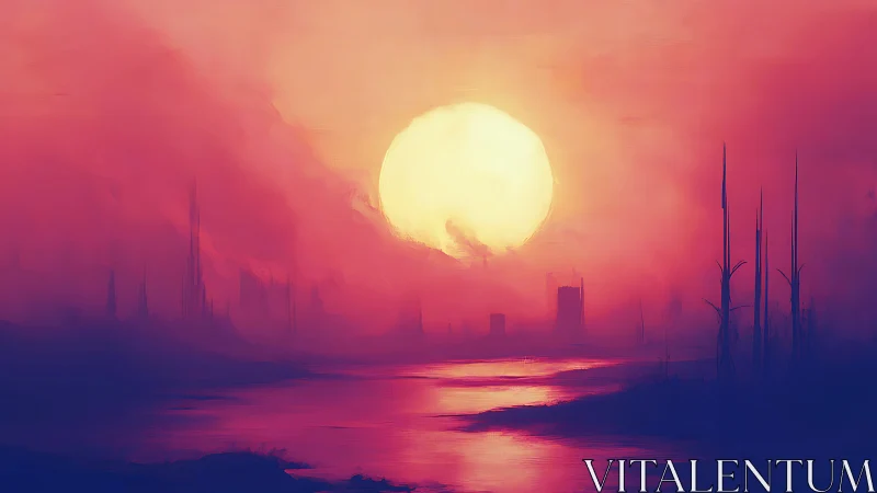 Large sun over stylized river and distant vertical forms.