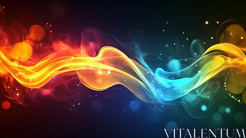 Flowing neon light waves intertwine across a dark space.