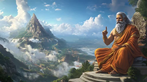 Mountain sage overlooking misty valley kingdom landscape.