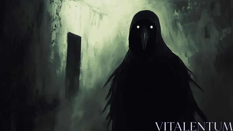 Silent watcher in a misty corridor of unsettling calm.