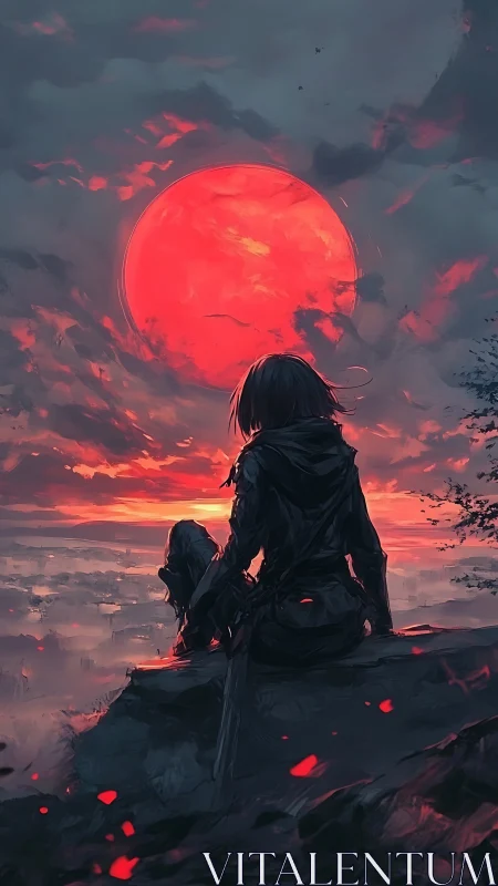 Silhouetted figure on cliff facing oversized red sun.