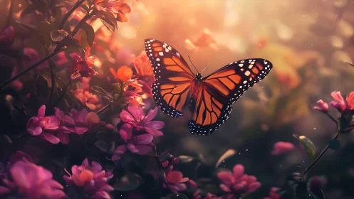 Monarch butterfly in backlit bokeh above pink floral understory