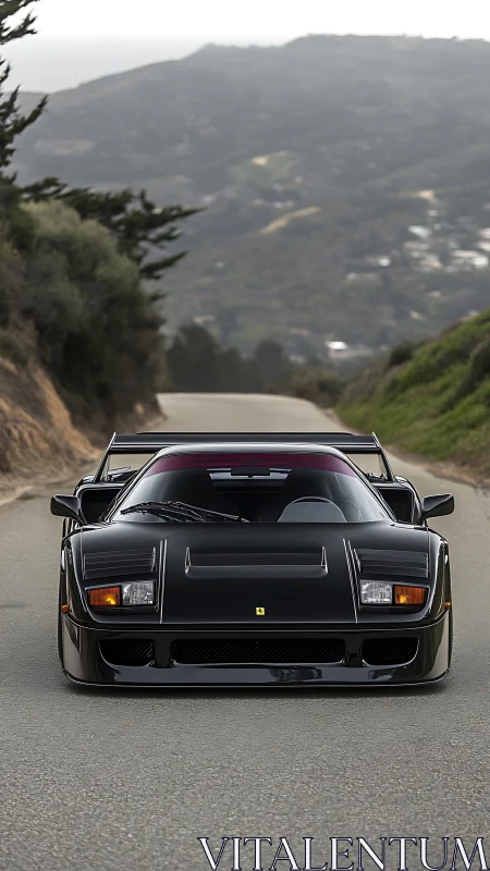 Black sports car sits on winding mountain road in daylight