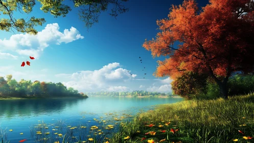 Lake shoreline shows autumn foliage against clear blue sky