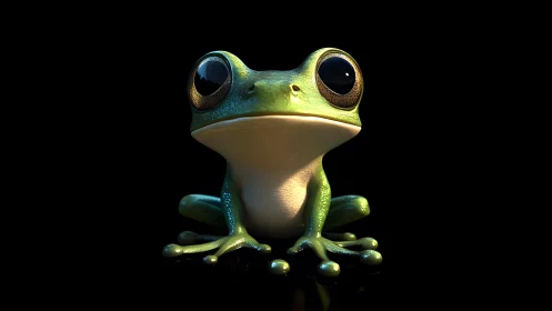 Realistic green frog with large eyes in dramatic lighting, digital art.