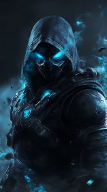 Hooded frost wraith ignites neon-blue power in the dark.