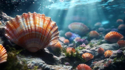 Sunlit underwater seabed shows detailed orange scallop shells
