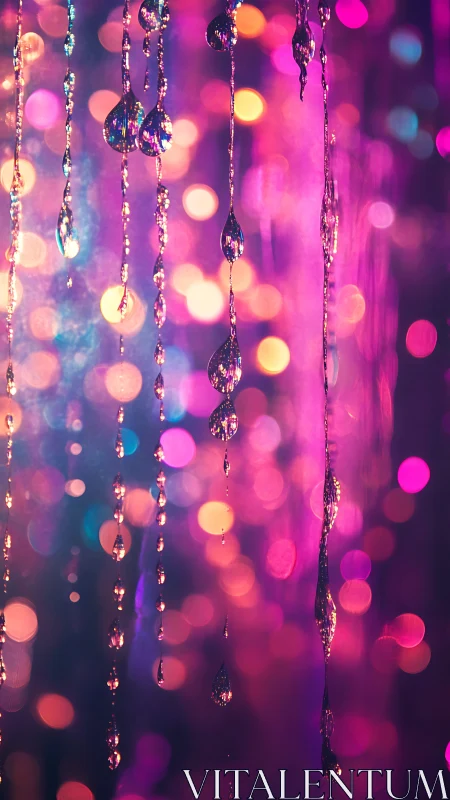 Iridescent water droplets shimmer against neon bokeh glow.