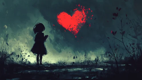 Solitary figure reaching toward fragmented red heart symbol.