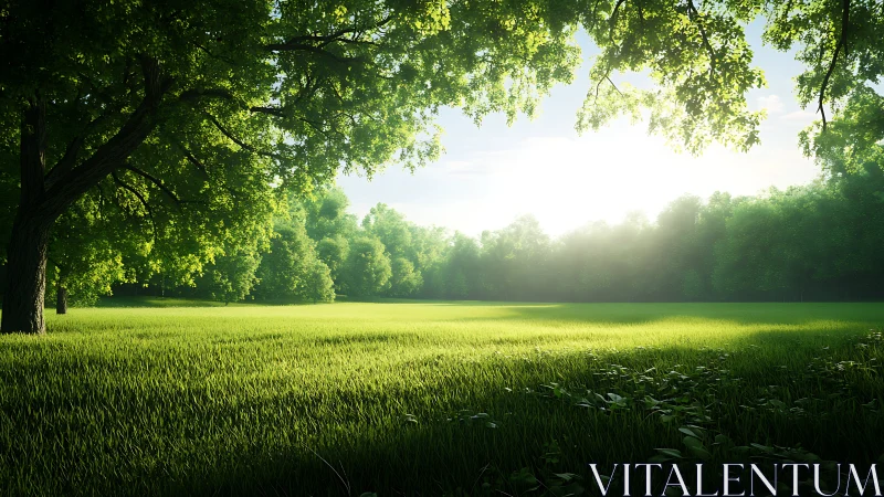 Backlit summer meadow renders hyperreal forest atmosphere