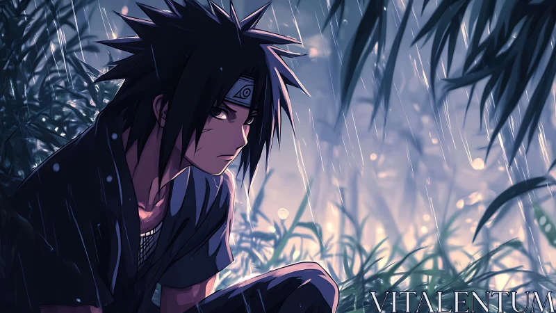 Rain-soaked shinobi sits sharpening storms inside his gaze