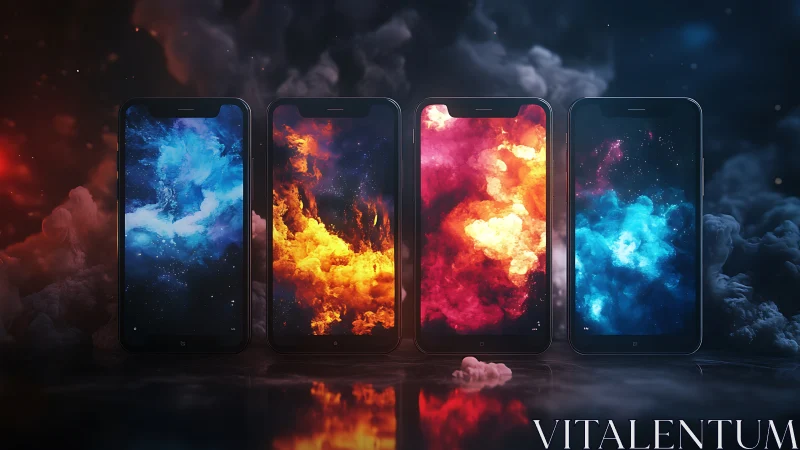 Smartphones with elemental nebula screens in dark studio.