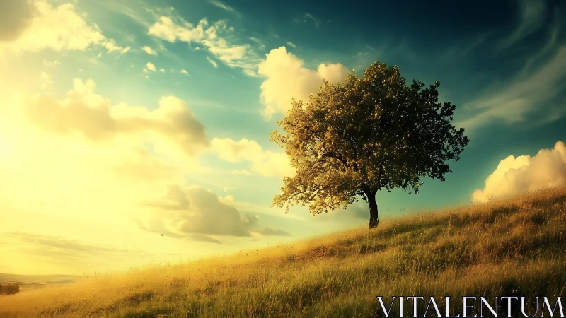 Lone tree on grassy hill at sunset in dreamy landscape style.
