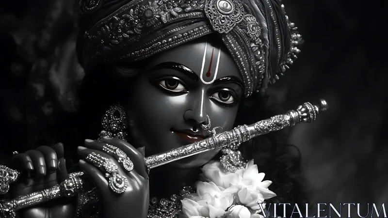 Divine black and white Krishna idol with ornate flute.