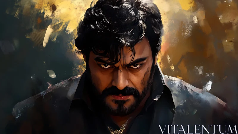 Storm-lit stare of a brooding hero in swirling colors.