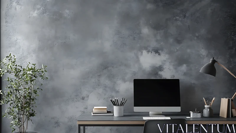 Minimalist workspace with desktop monitor and concrete wall.