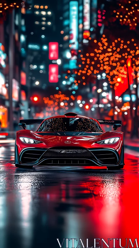 Red sports car is positioned on wet city street at night