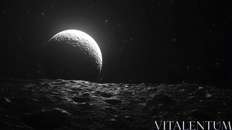 Crescent planet rises behind cratered moonlike foreground