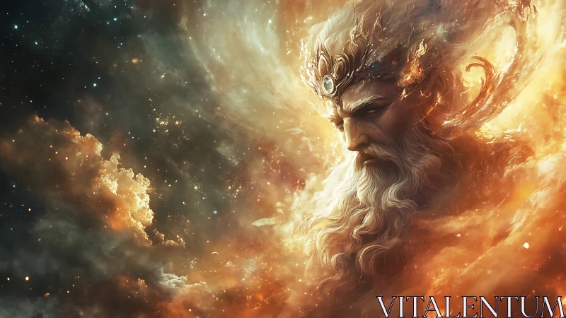 Celestial elder figure emerging within luminous nebulae.