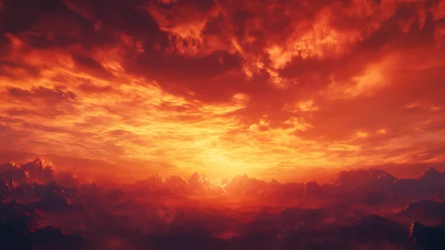 Fiery digital sunrise ignites a dramatic alien mountain range