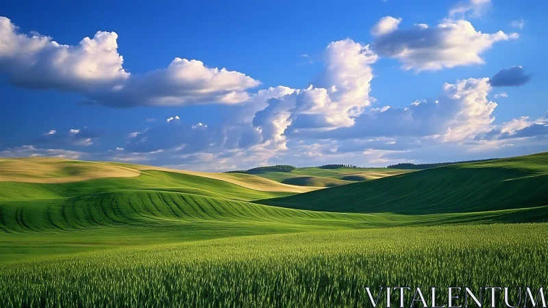 Rolling green hills stretch beneath bright summer skies.